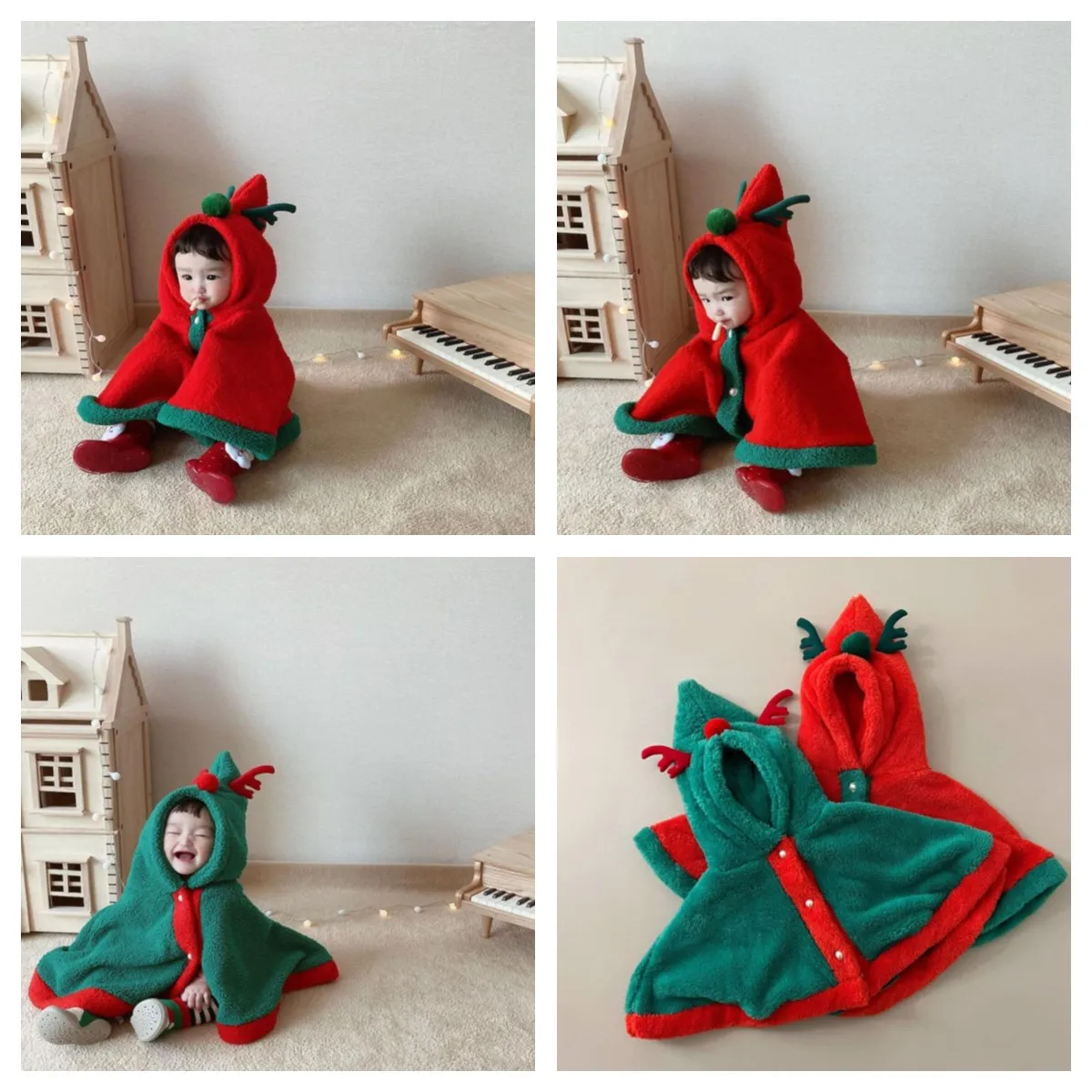 

Christmas Girl Boy Baby Cloak Cloth 2022 Cute Elk Horn Funny Kids Child Red Green Hat Suit Soft Fabric Newborn New Year Gift