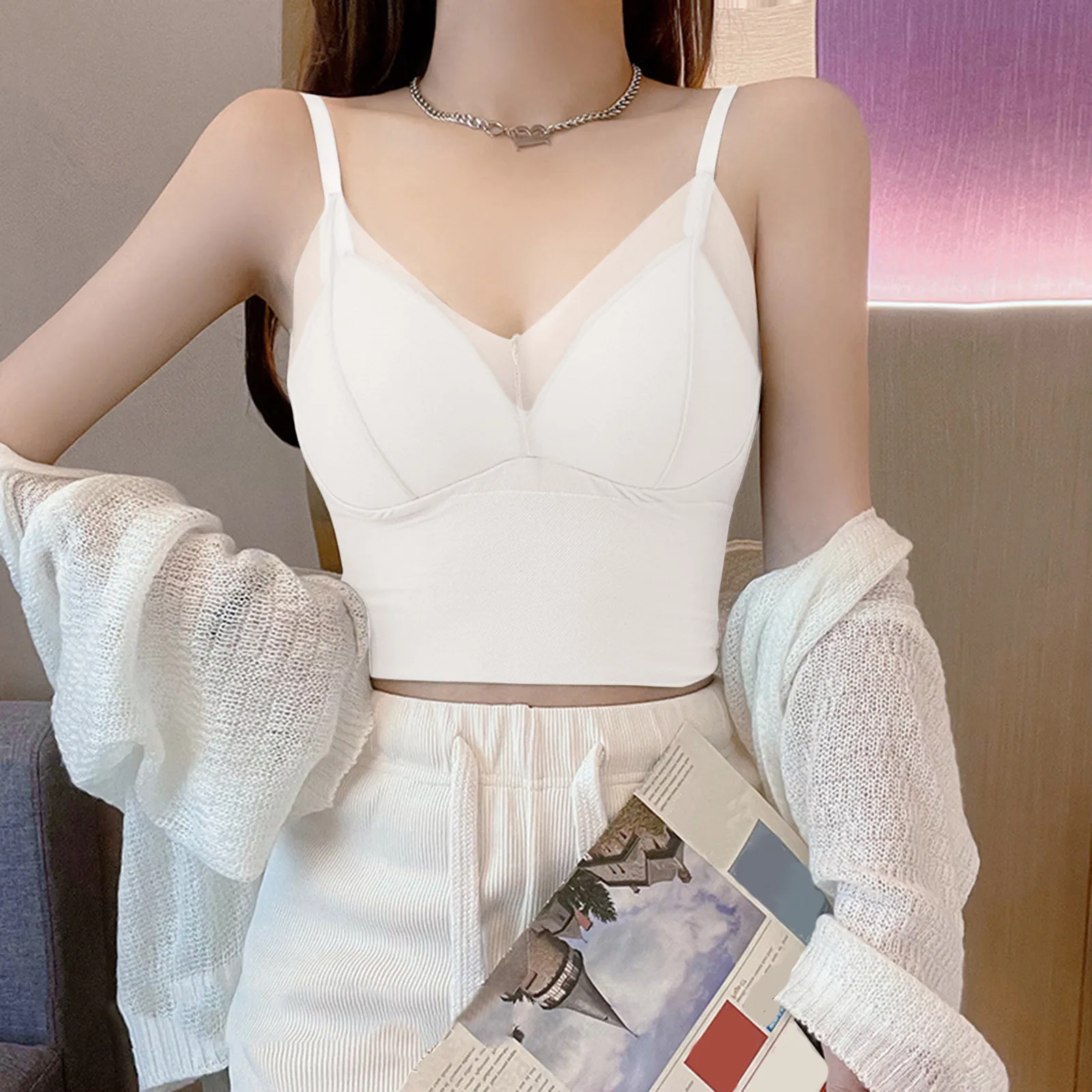 

Women Sexy Seamless Lace Beauty Back Vest With No Steel Ring Bottoming Vest V-neck Inner Layering Camisole Solid Color Tank Tops