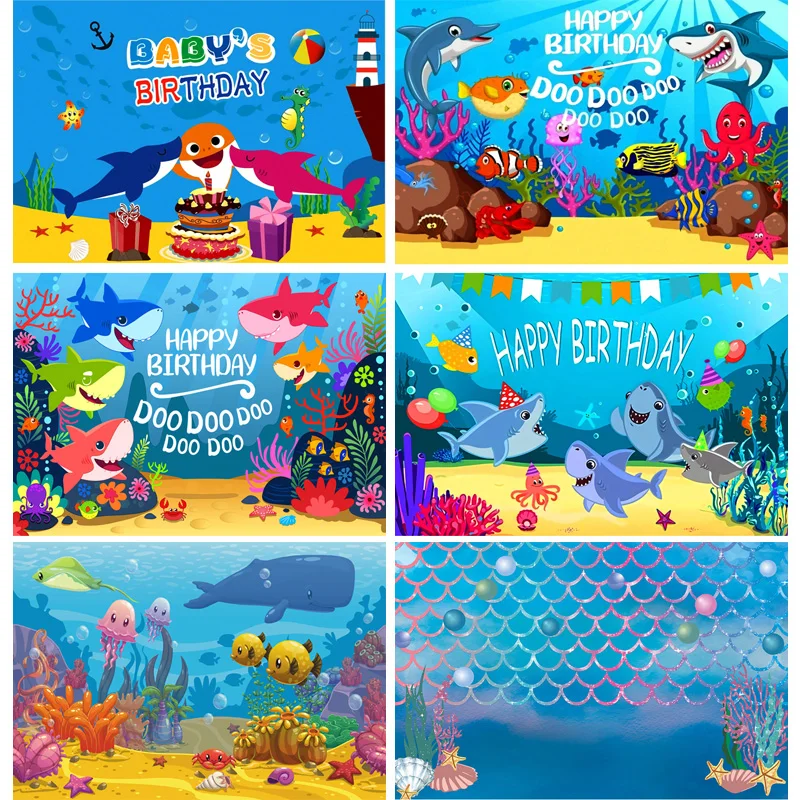 

Vinyl Custom Underwater World Cute Shark Photography Background Baby Birthday Backdrop For Photo Studio Shoot Props 210519-B1