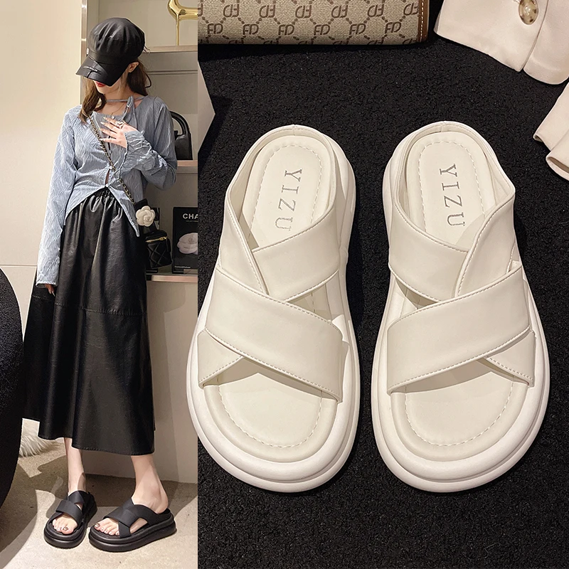 

Shoes Woman's Slippers Platform Med Shale Female Beach Slides 2023 Summer Flat Rubber Sneaker Sabot Scandals PU Rome Fabric