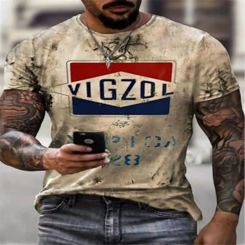 

3D printed men's oversized T-shirt, round neck, short sleeved pullover, fashionable and loose fitting, creative street design