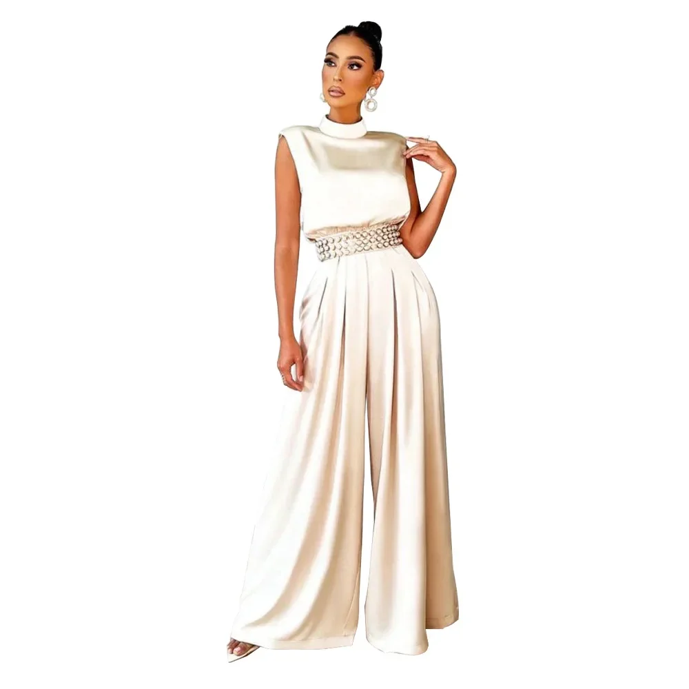

2023 Summer Sleeveless Party Jumpsuit Elegant Women Satin High Collar Overalls Wide Leg Pant Fashion High Waist Jumpsuits