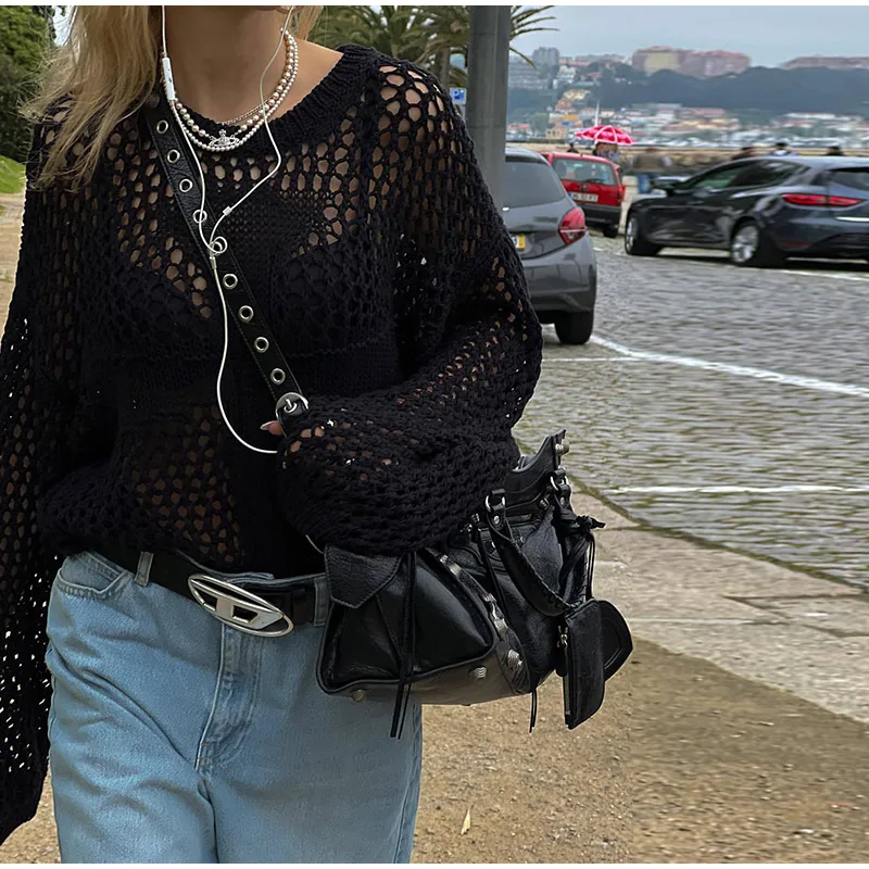2022 Autumn Fashion Women Casual Cutout Knitted Mesh Loose Sweater Solid Long Sleeve Crew Neck Fishnet Blouse Streetwear