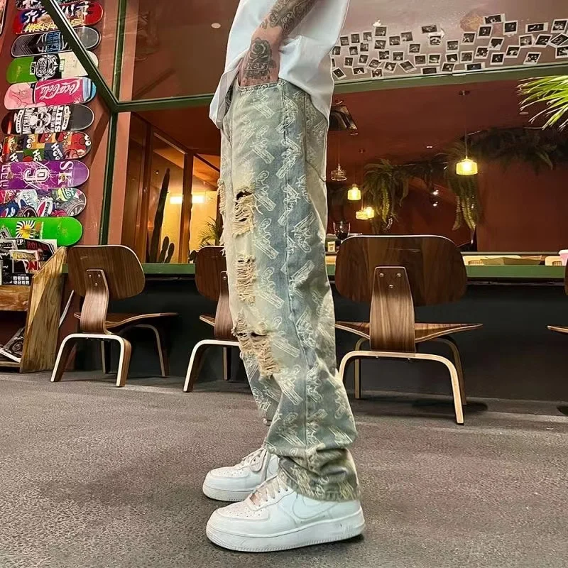 Y2K Korean Vintage Streetwear Casual Pistol Ripped Baggy Pants Wide Leg Grunge Jeans Men Graphic Denim Trousers Brand Clothing