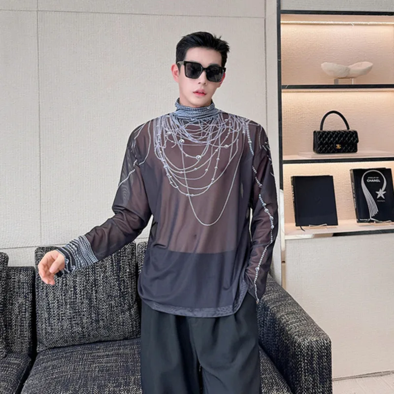 Мужская футболка с воротником-стойкой подходящая ко всему черная длинным