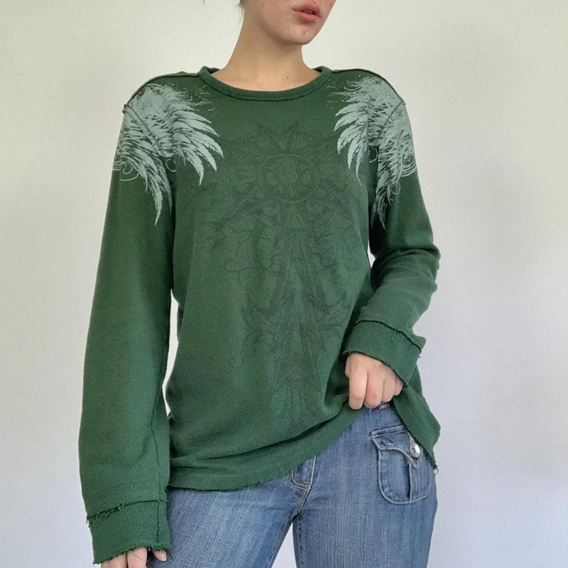 

hirigin 2000s Retro Y2K Aesthetics Grunge Tops Vintage Graphic Print Loose Pullovers Autumn Spring Women Full Sleeve Sweatshirts
