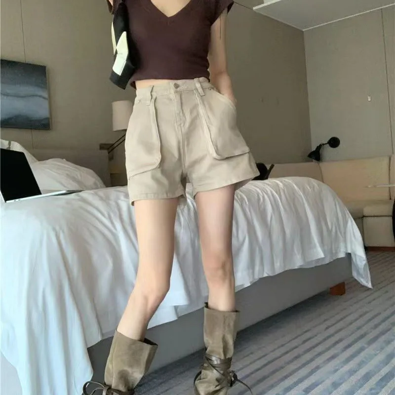 Large Pocket Cargo Denim Shorts Women Summer High Waist Shorts Slim Hot Pants High Quality Loose Straight Leg Pants Jean Shorts