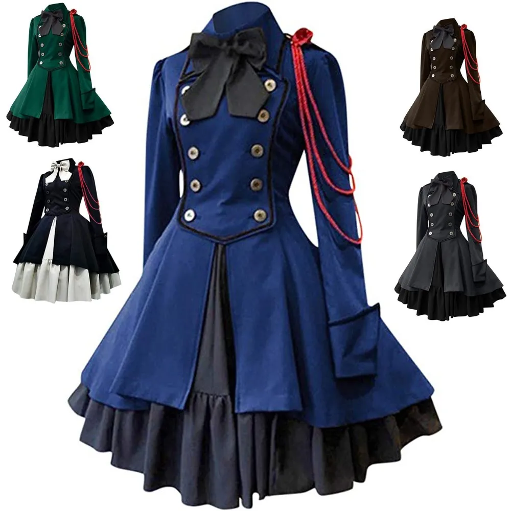

Medieval Multiple Colors Adult Woman Renaissance Retro Goth Dress Clothes with Bow Long Sleeve Peplum Steampunk Cosplay Costume