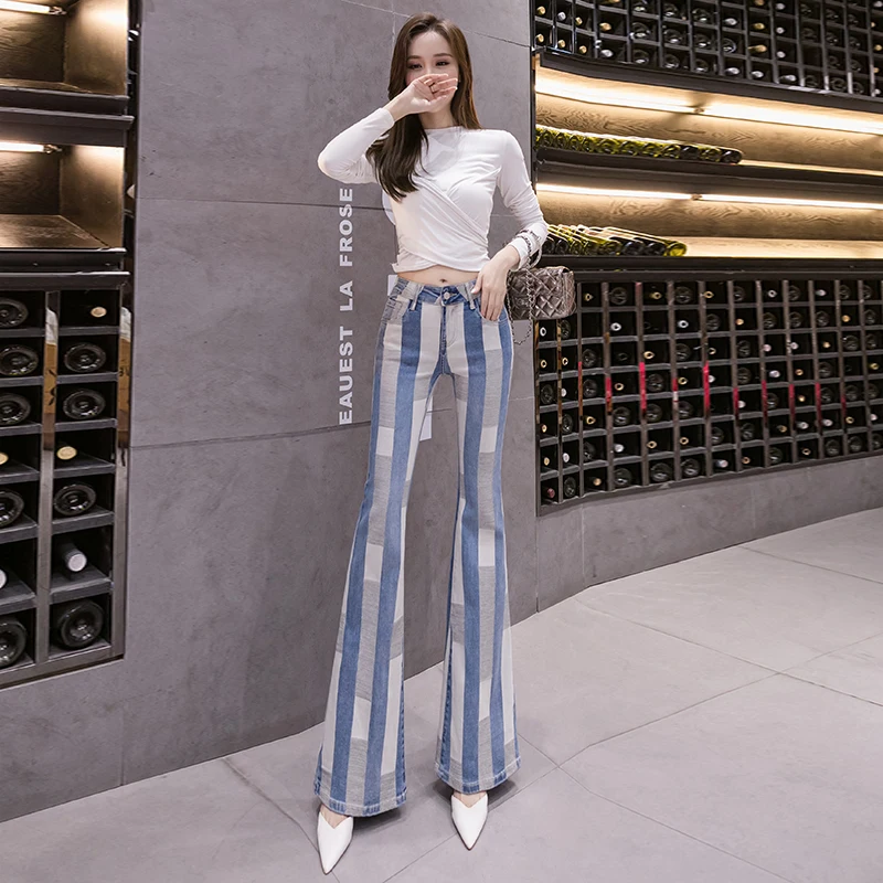 

Fashion Panelled Pants Color Contrast Mujer Flares Women Mid For Trousers Spring Ladies Pantalones Jeans Women Waist Stripe