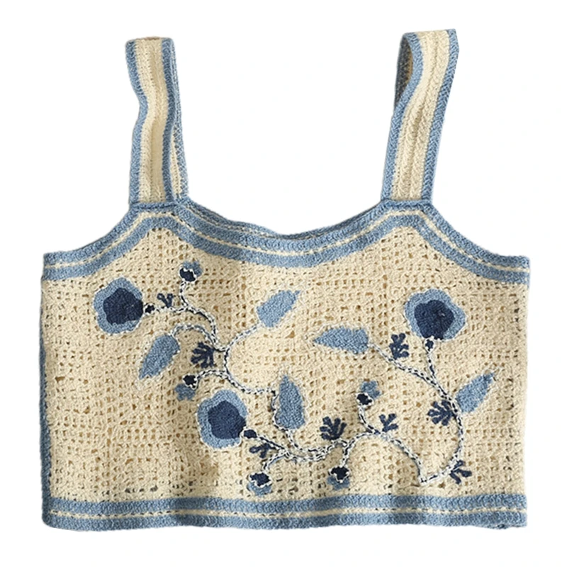 

Women Crochet Knit Sleeveless Crop Top Embroidery Beading Floral Sweater Vest