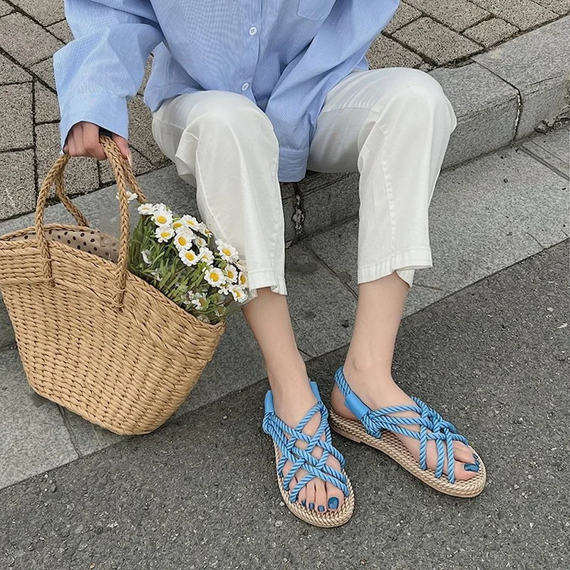 Новинка женские льняные сандалии FHC на плоской подошве летние с плетеным шнурком