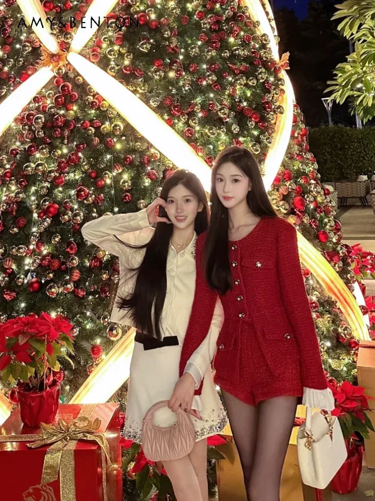 Осень-зима изящный светский красный твидовый комплект из двух предметов офисная