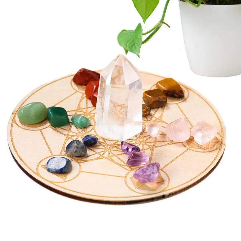 

Home Decor Accessories Crystals Chakra Healing Stones Set With Geometry Grid Wooden Decor Plate Ornaments For Healing Meditation