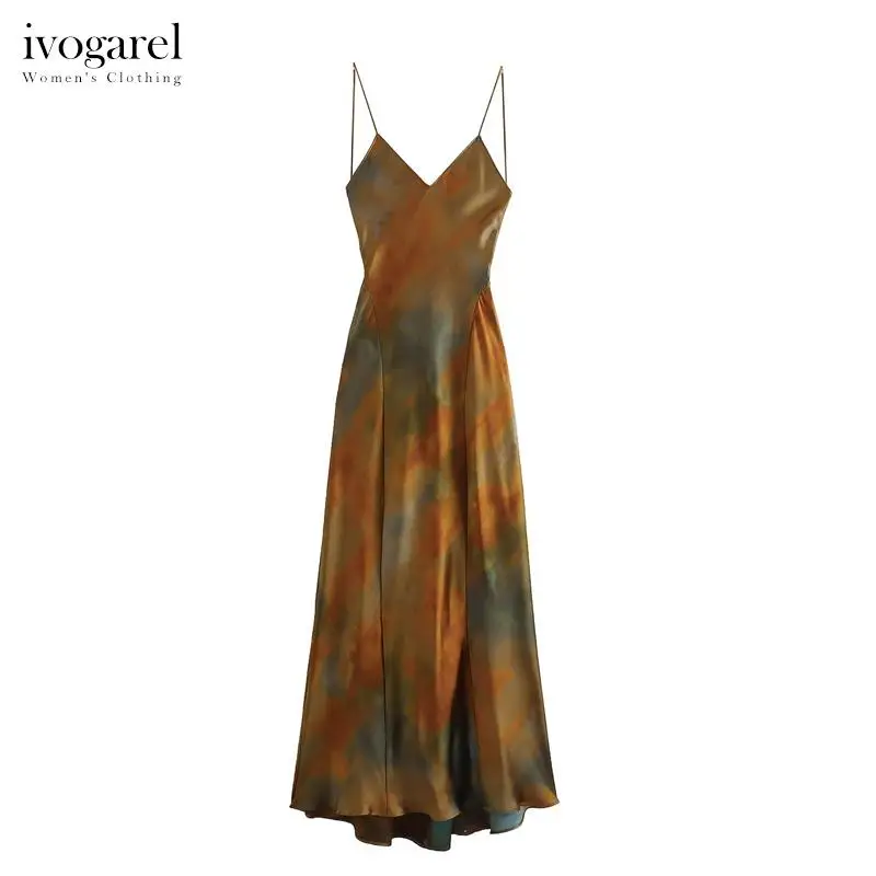 

Ivogarel Vintage Satin Print Dress with Open Back Women's Elegant Evening Party Long Dress V-neck Spaghetti Straps
