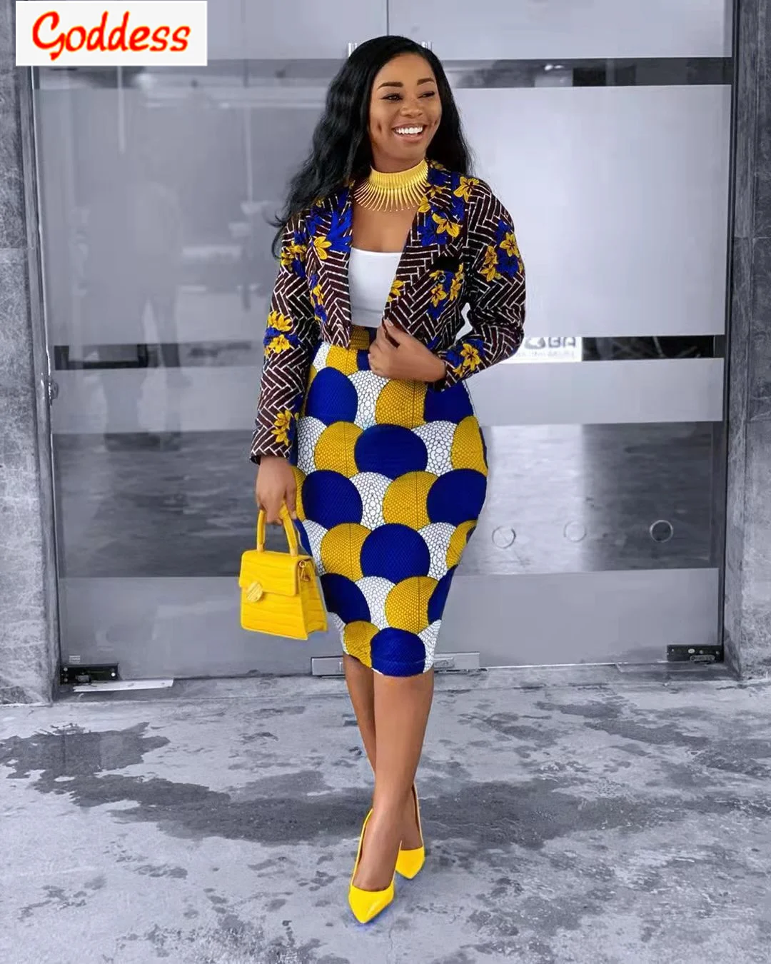 GODDESS 2022 Spring Women's Print Short Suit Jacket + Temperament Package Hip Sexy Skirt 2-piece Temperament Fashion Office Suit