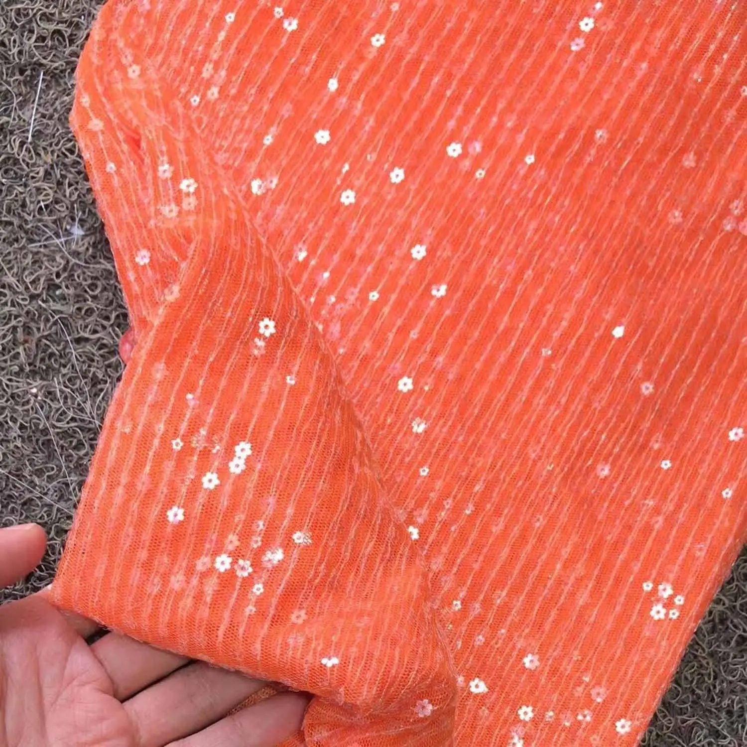 

LQIAO Glitzy Embroidery Neon Orange Strip Flower Elastic Sequin Fabric for Clothsing Making Party Events And Dancewear -5 Yards