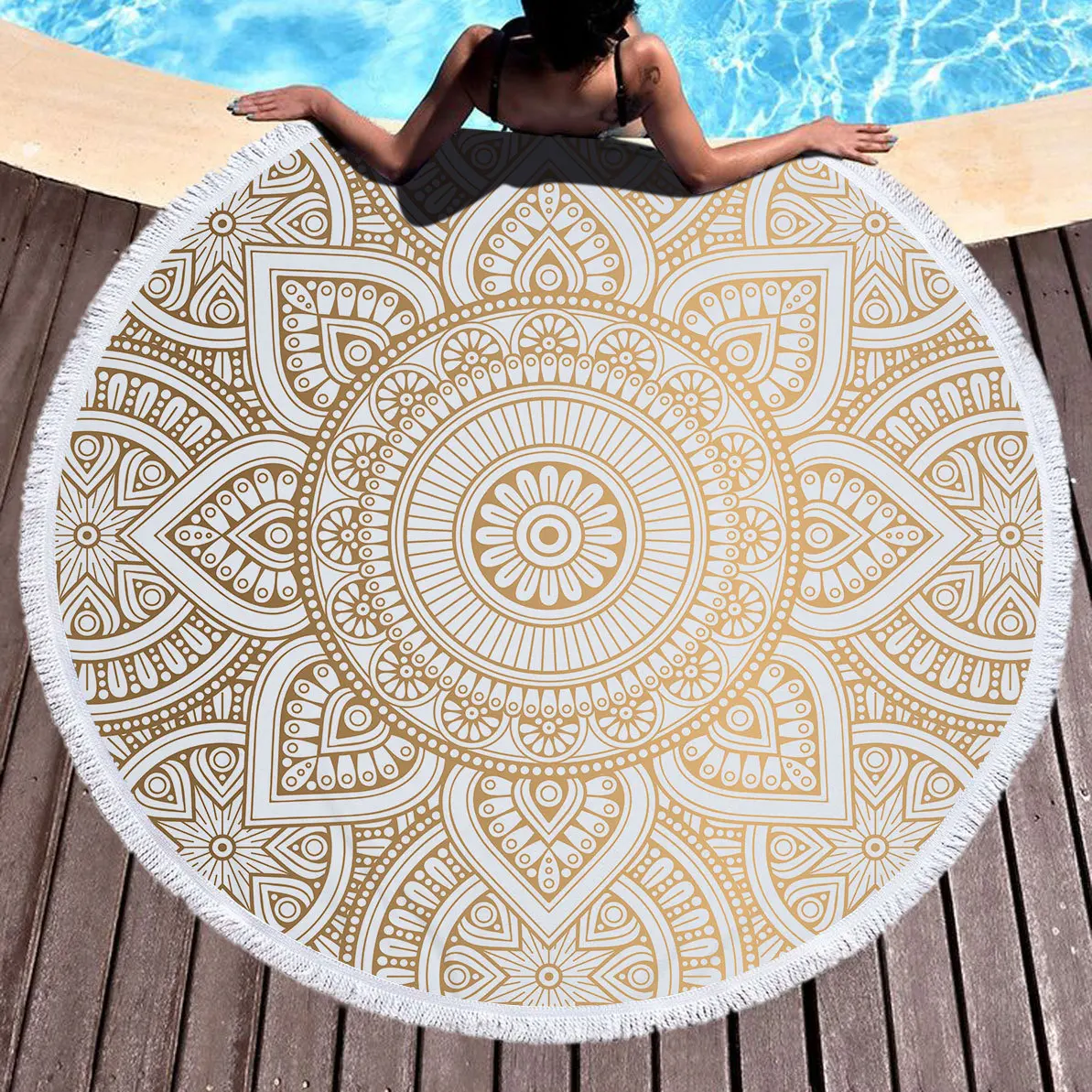 

Microfiber Round Beach Towel Bath Towel Mandala Print with Tassel 150cm