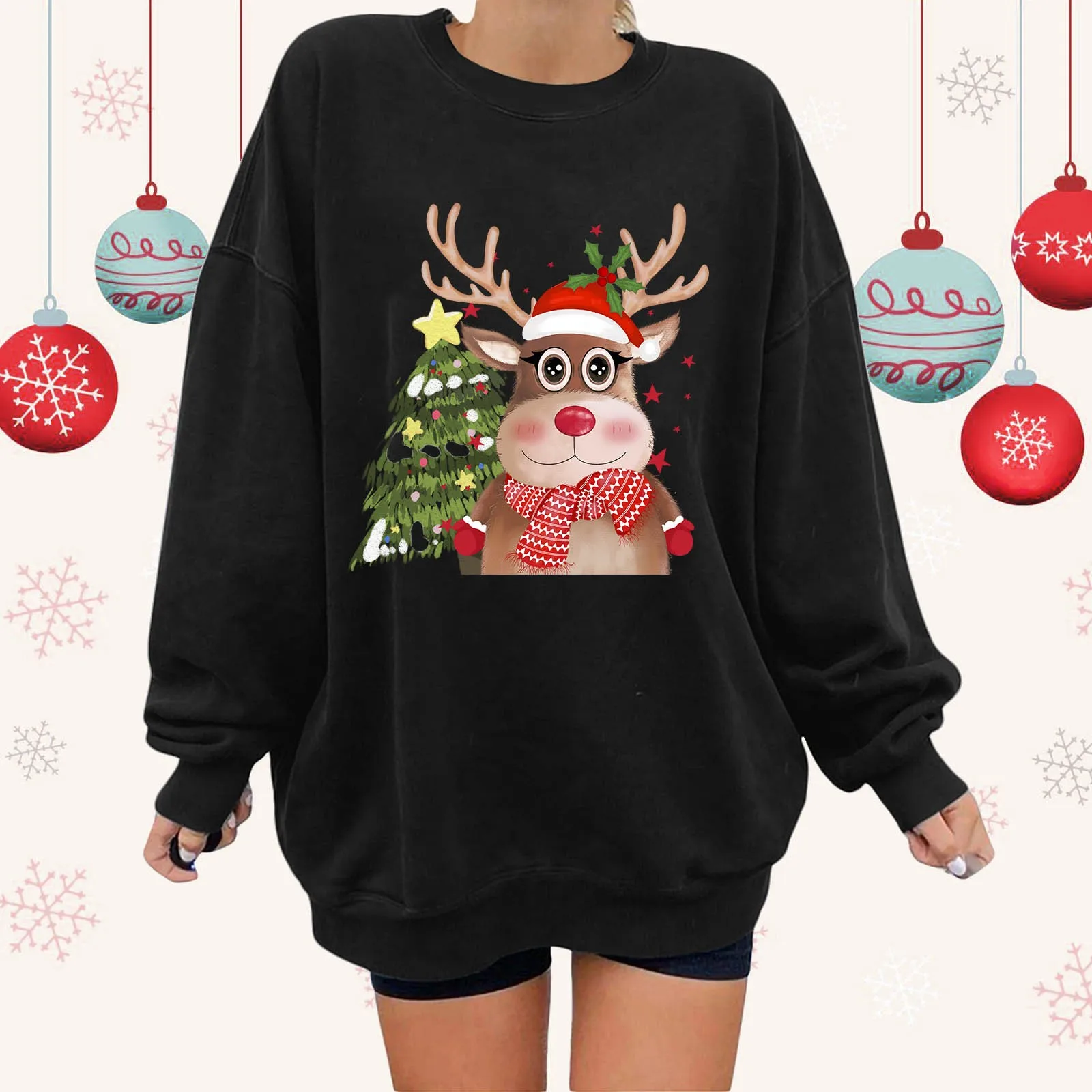 

Womens Oversized Crewneck Long Sleeve Casual Loose Pullover Christmas Print Tops Hood Sweatshirt