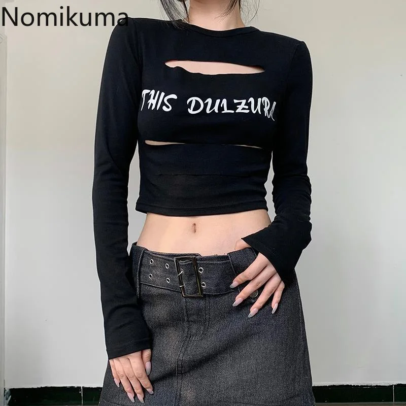 

Кроп-топ Nomikuma, весна-осень, с длинным рукавом, с вырезами, с буквенным принтом, винтажные модные уличные футболки в стиле Харадзюку для женщин