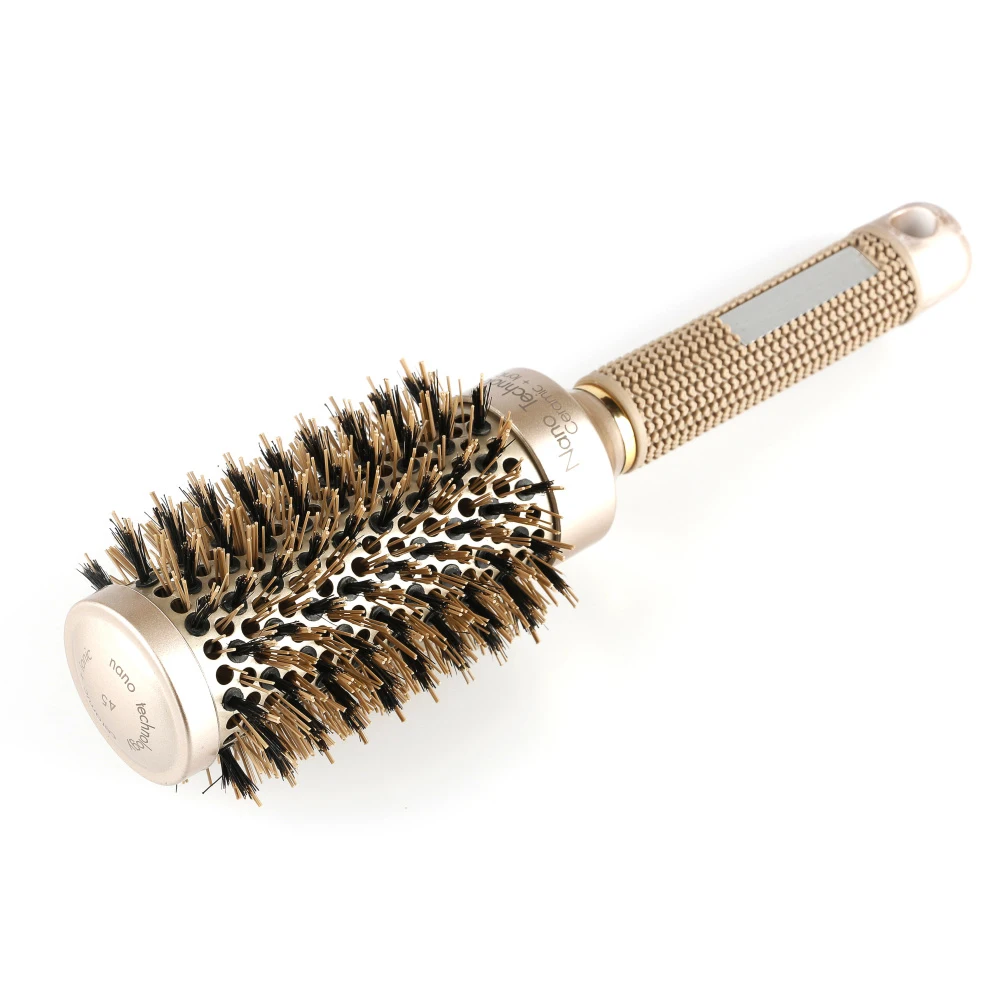 

Nano Ceramic Aluminum Hair Round Brush With Boar Bristle Hair Gold Hairdressing Round Brush For Barber 4 Sizes Styling Comb