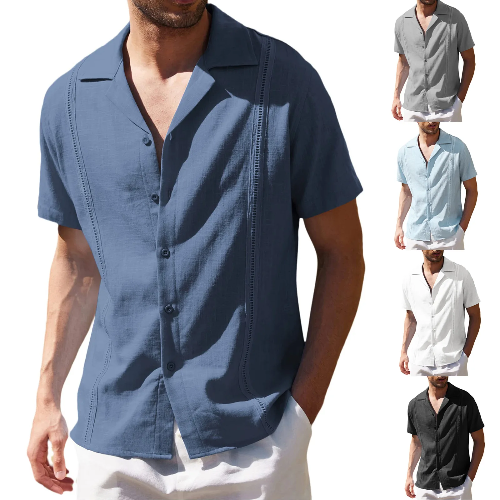 2022 Hot Sale Men's Linen Cotton Shirts Casual Cuban Guayabella V-neck Shirts Short Sleeve Solid Color Button Beach Shirts