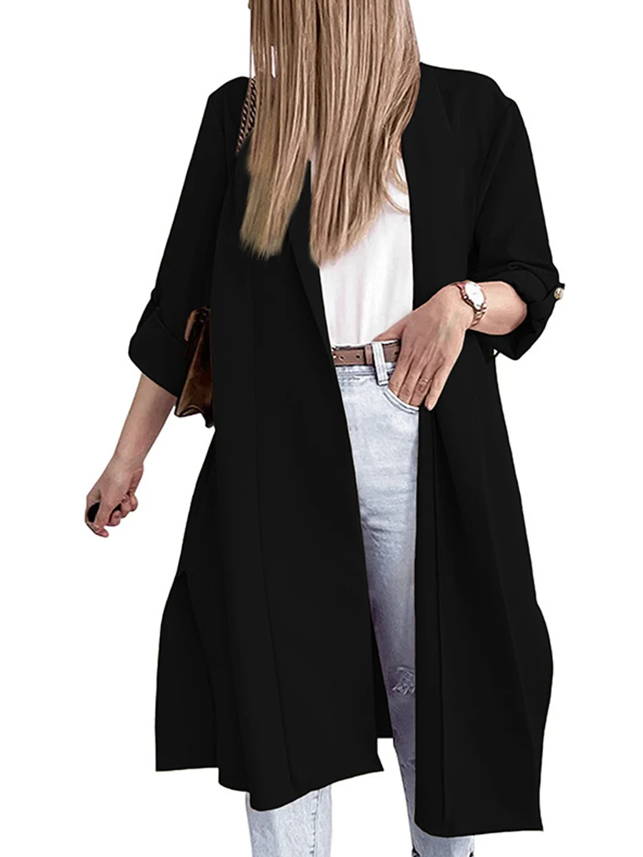 

Women Open Front Trench Coat Solid Color Loose Casual Split 3 4 Sleeve Long Cardigan for Autumn Streetwear