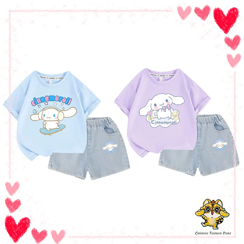 

Sanrio T-shirts Shorts Sets Cinnamoroll Kawaii Carton Fashion Girls Two-Piece Clothing Jeans cotton Summer Sportswear Kids Gift