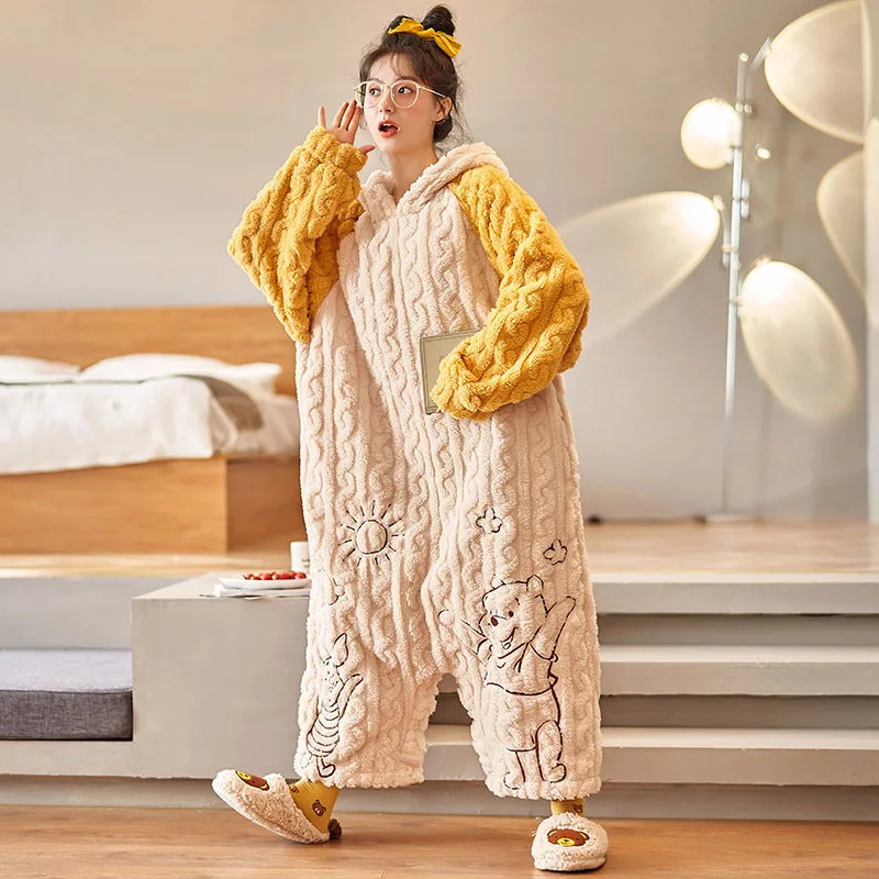 New Women's Jumpsuit In Winter Coral fleece Thickened Nightdress Flannel Jumpsuit Ladies Lounge Plus Size Onesie
