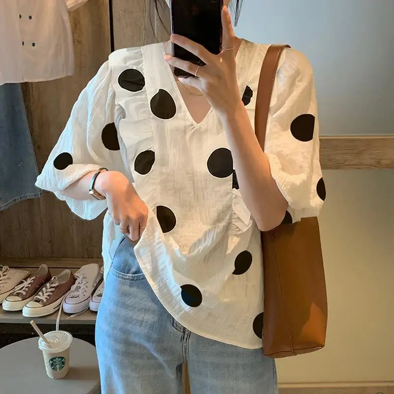 

Fashion Printed Spliced Ruffles Polka Dot Puff Sleeve Blouse Women's Clothing 2023 Summer New Casual Pullovers Loose Sweet Shirt