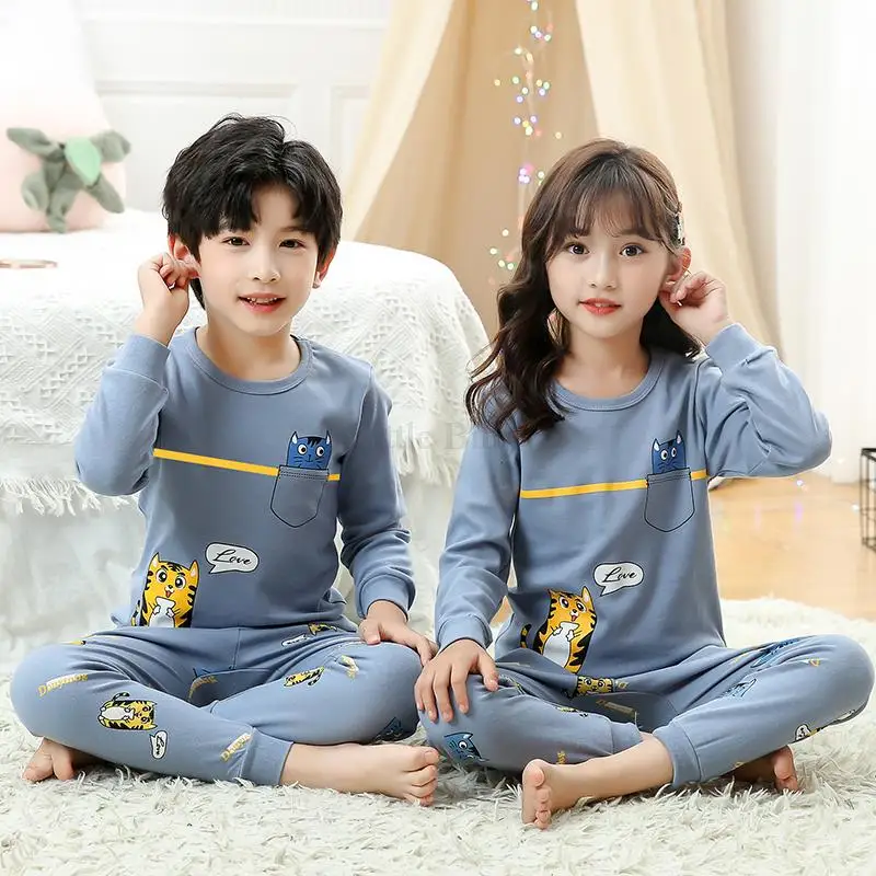 

Blue Gray Cat Cartoon Korean Pajamas For Kids Boy Clothing Sets Winter Warm Cotton Long Sleeve Pijama 2pcs Teenager Pijama Child