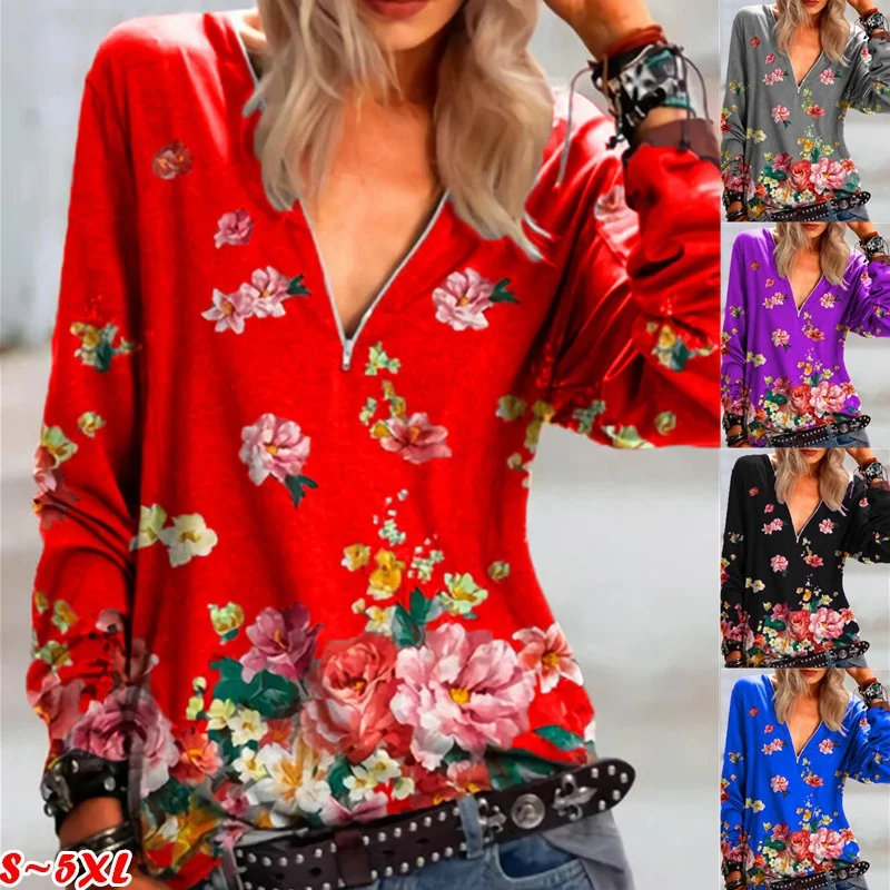 Women's Spring and Autumn Fashion Casual Zipper Long Sleeve T-shirt Floral Printing Shirt  Top