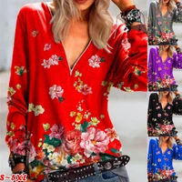 womens spring and autumn fashion casual zipper long sleeve t shirt floral printing shirt top