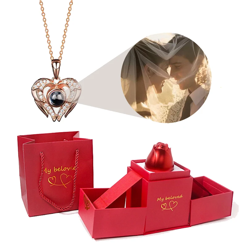 Angel Wings S925 Custom Projection Necklace With Rose Gift Box For Girlfriend Gifts 2022 New In Fashion Romantic Heart Jewelry