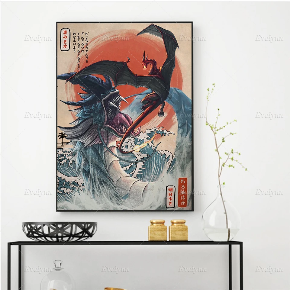 

Pokemon Japan Anime Vintage Poster Nordic Modern Home Decor Prints Pictures Gyarados Vs Charizard Wall Art Canvas Painting Gift