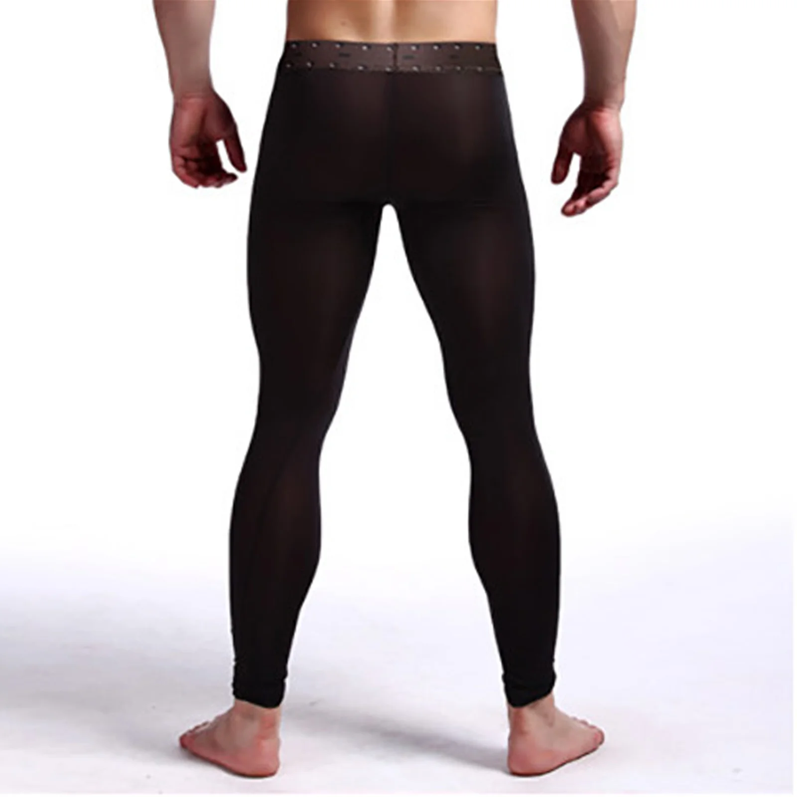 Sexy Mens See Through Ice Silk Ultra-thin Transparent Thermal Leggings Belt Print Tight Pants Underwear