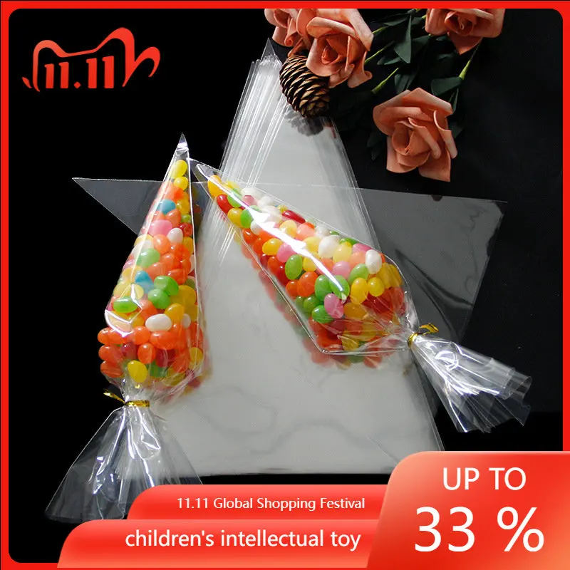 

100pcs/Lot DIY Candy Bag Wedding Favors Birthday Party Decoration Sweet Cellophane Transparent Cone Storage With Organza Pouches