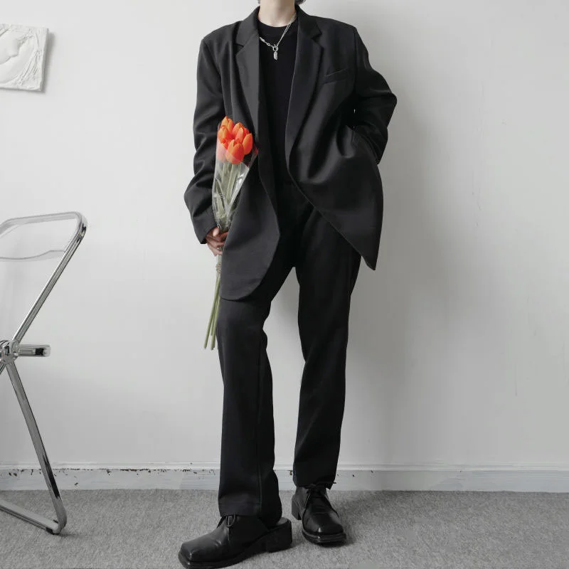 Japanese Men Streetwear Fashion Suits Loose Notched Single Button Oversize Suit Jacket + Straight Suit Pants Two Pieces Set