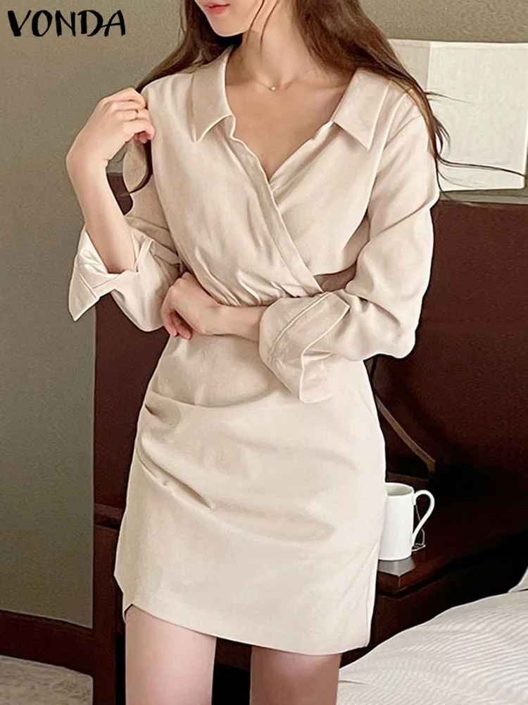 

Women Shirt Dress 2023 Sexy Lapel Neck Long Sleeve Button Waist Short Knee Dress VONDA Summer Vestidos Femme Sundres Oversized