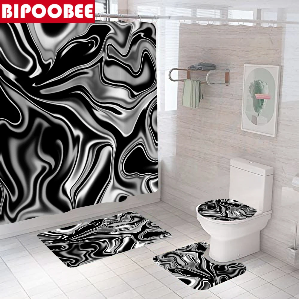 

Irregular Stripes Shower Curtain Bathroom Curtains Abstract Stone Pattern Bath Mat Toilet Cover Pedestal Non-slip Rug Home Decor
