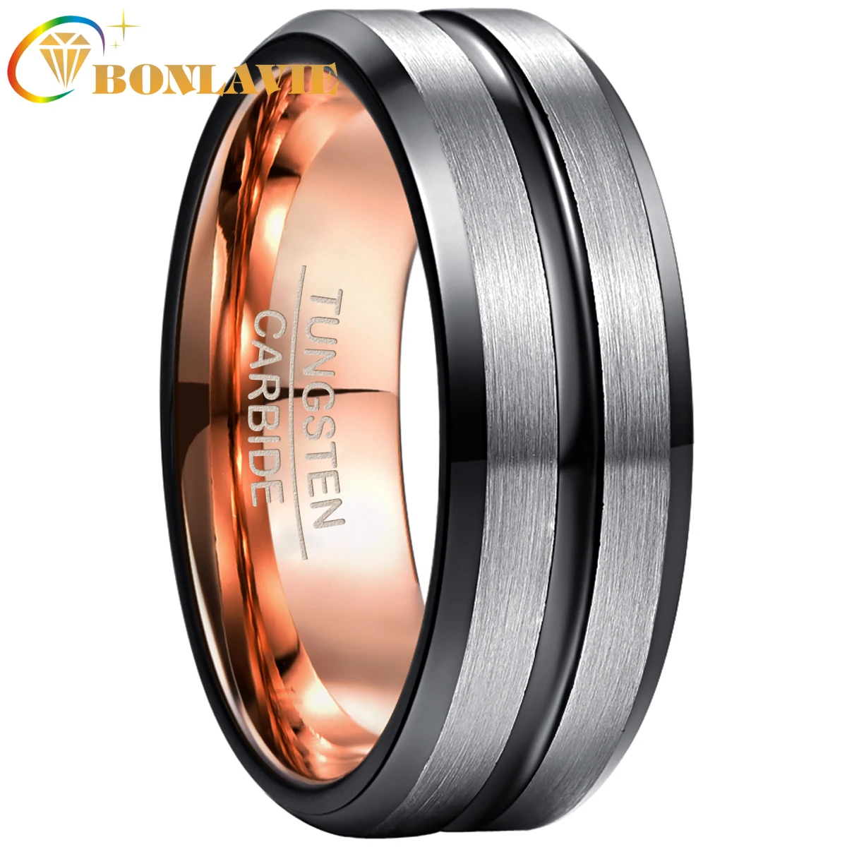 

BONLAVIE 8mm Tungsten Carbide Ring Electroplated RoseGold Inner Ring+ Black Bevel Groove/steel Frosted Surface Ring