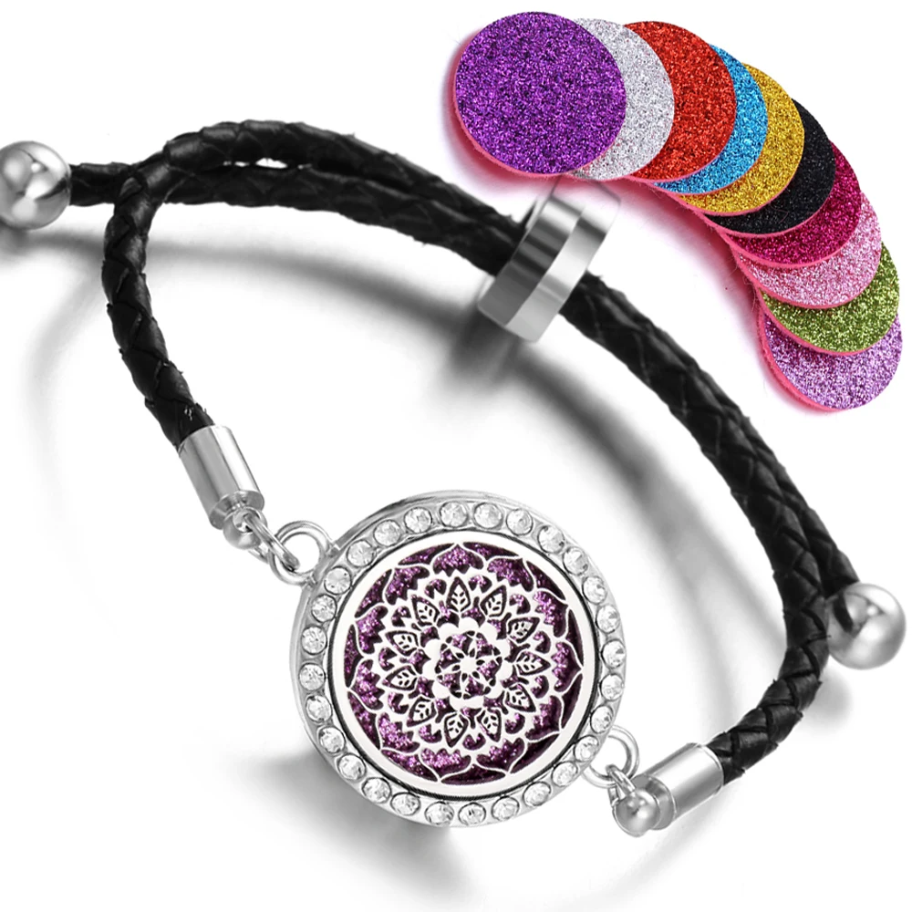 Браслет-диффузор для ароматерапии с кристаллами древо жизни, эфирное масло, медальон, черный браслет из искусственной кожи для женщин