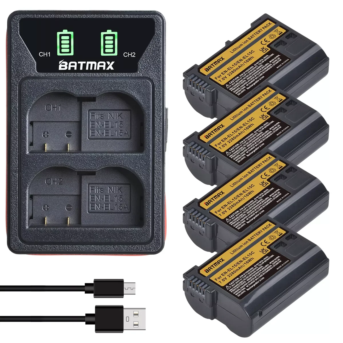 Batmax 2280mAh EN-EL15C EN-EL15 Battery+LED USB Dual Charger for Nikon Z5,Z6,Z6 II,Z7,Z7II D600 D610 D600E D800 D810 D800E D810