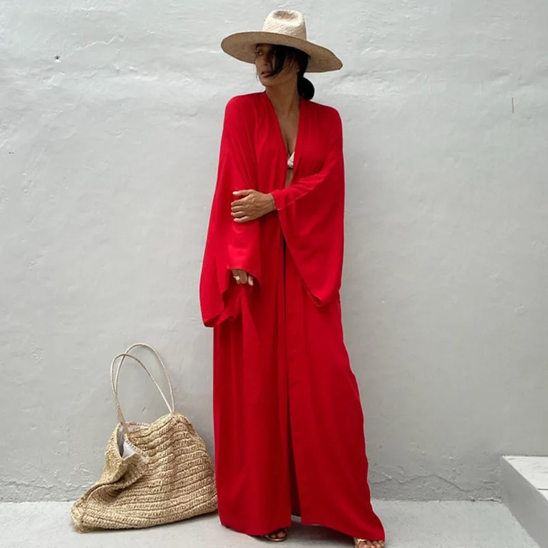 

Женский свободный длинный кардиган, Пляжная Солнцезащитная куртка красного цвета для отдыха на весну и лето, 2023