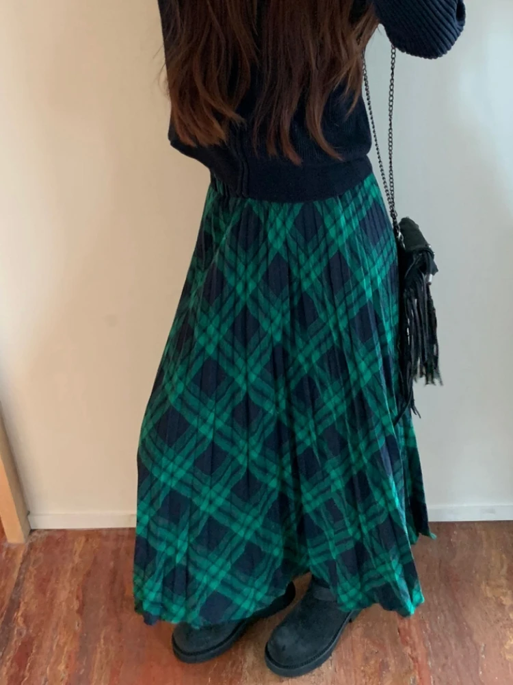 Осень-зима 2024 зеленая плиссированная юбка в складку Женская клетчатая