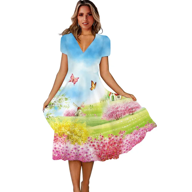 

V-Neck Elegant Dresses For Women 2022 Vintage Floral Print Midi Dress Summer Beach Short Sleeve Women Dresses Casual