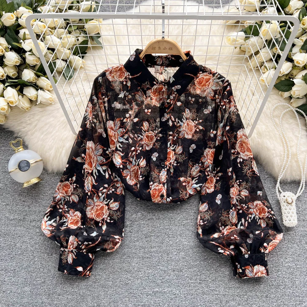 

VANOVICH French Vintage Print Temperament Shirt Women's Summer New Thin Loose Fashion Polo Collar Lantern Sleeve Casual Shirt