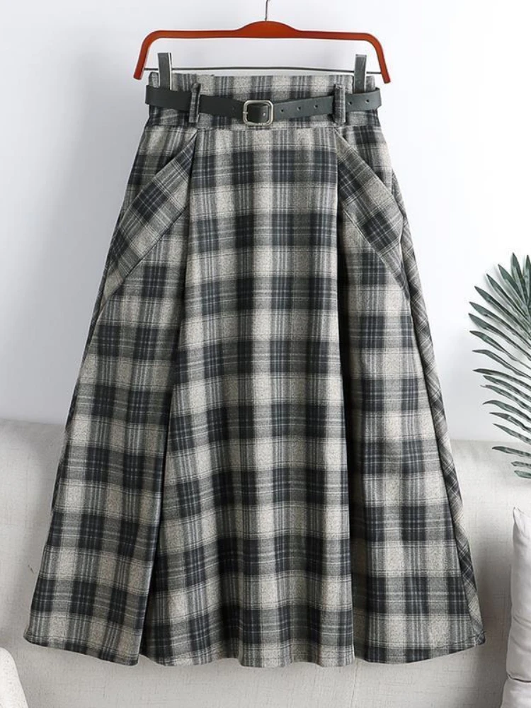 

Vintage Plaid Skirt Pockets Pleated High Waist Wool Blends Women Clothing French Fashion Elegant All Match Female Slim Skirts