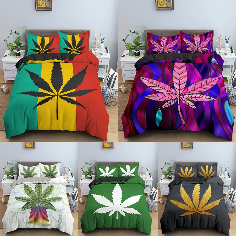 

Hot Sell Weed Leaves Bedding set Soft Microfiber Fabric Plant Duvet Cover Queen King Size Quilt Covers With Pillowcase 3pcs