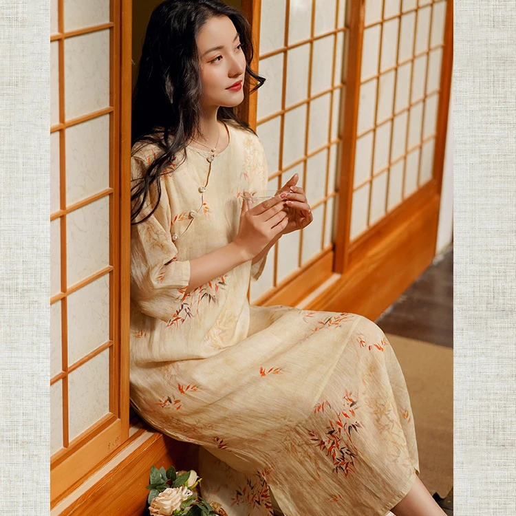 

Платье-Ципао женское из хлопка и льна, улучшенное повседневное свободное хлопково-льняное платье с принтом бамбуковых листьев, жемчужных п...