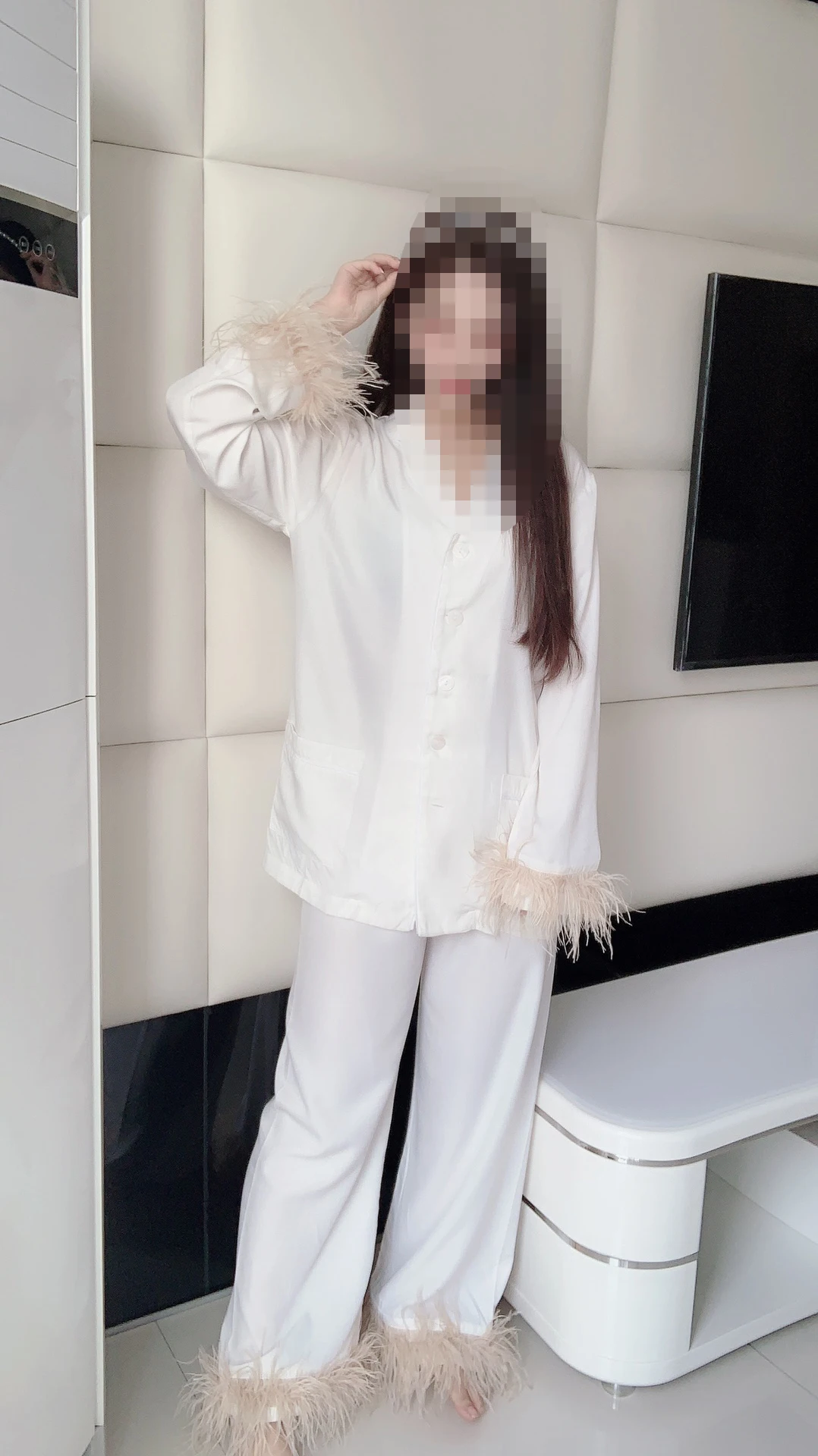 Woman Fashion Cotton Pajamas Two-piece Suit Light Luxury Ostrich Feather Nightwear Pijama Set